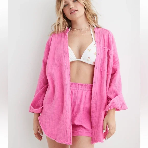 Aerie Pink Women's Gauzey Swim Cover-Up Top Size L Oversized Swim Beachy Boho - Picture 1 of 8